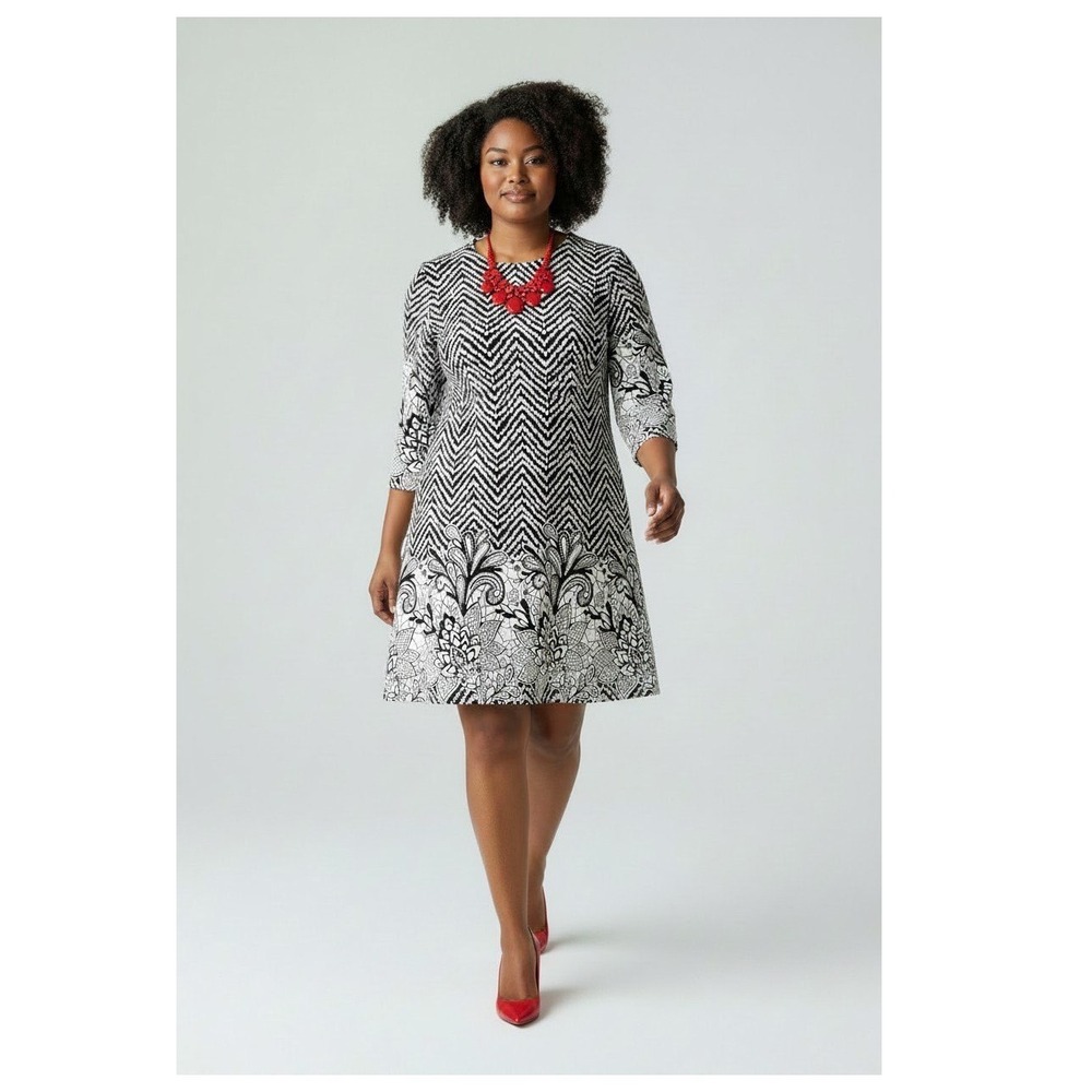 Versona Sheath Dress Womens Large Black White Chevron Floral 3/4 Sleeve Exc